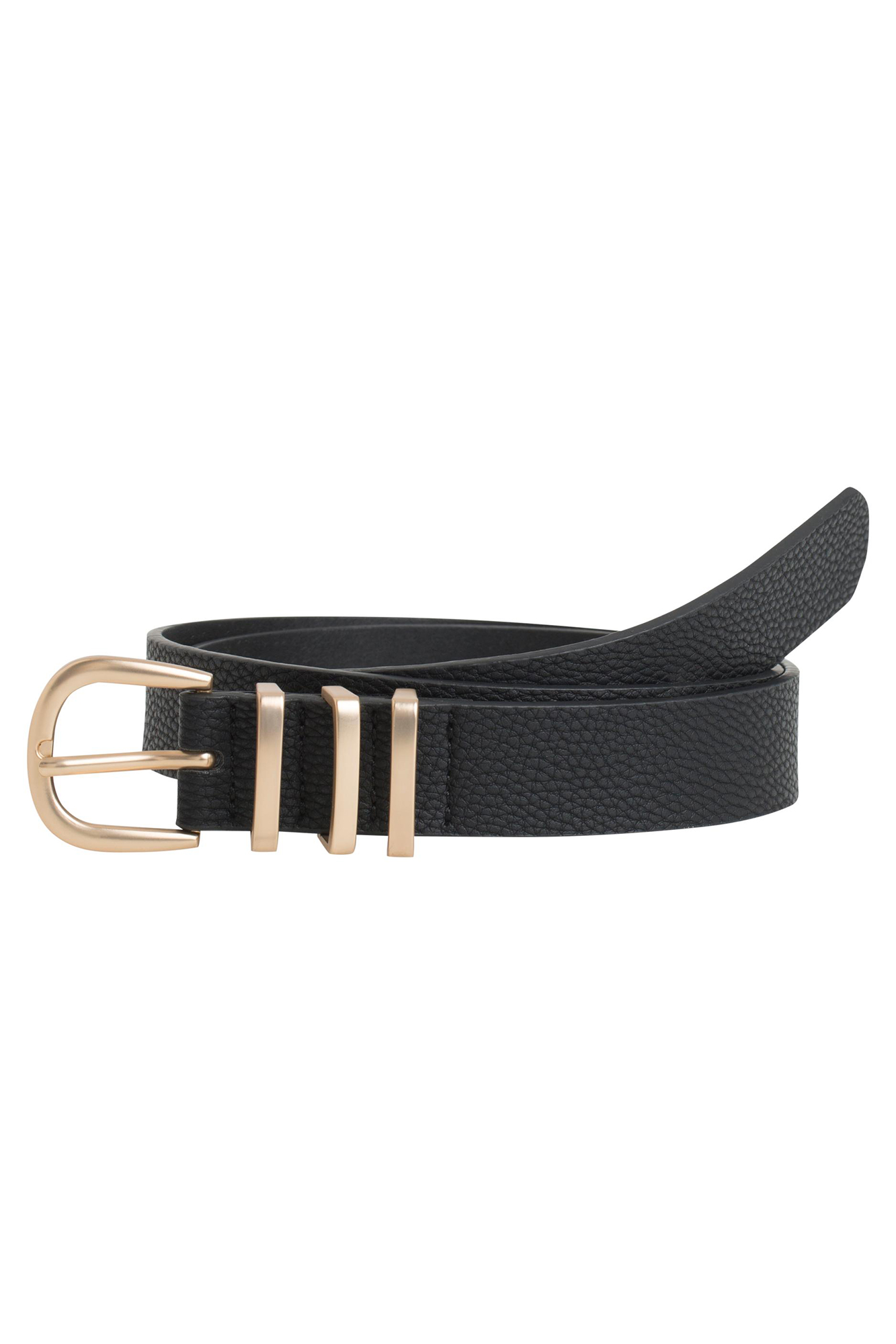 Cinto em imitação de couro com fivela oval de metal. Superfície texturizada e 3 cm de largura.