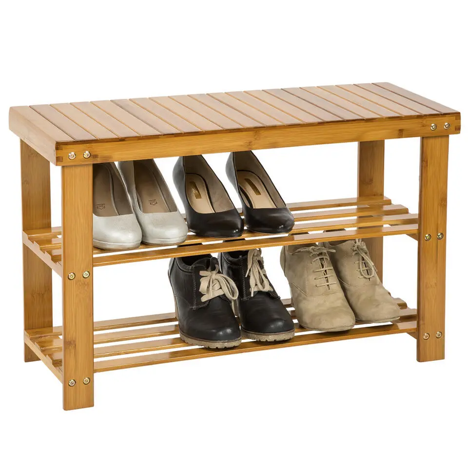 tectake Bamboe schoenenbank met 2 niveaus en bank 70x28x45,5cm, Bruin