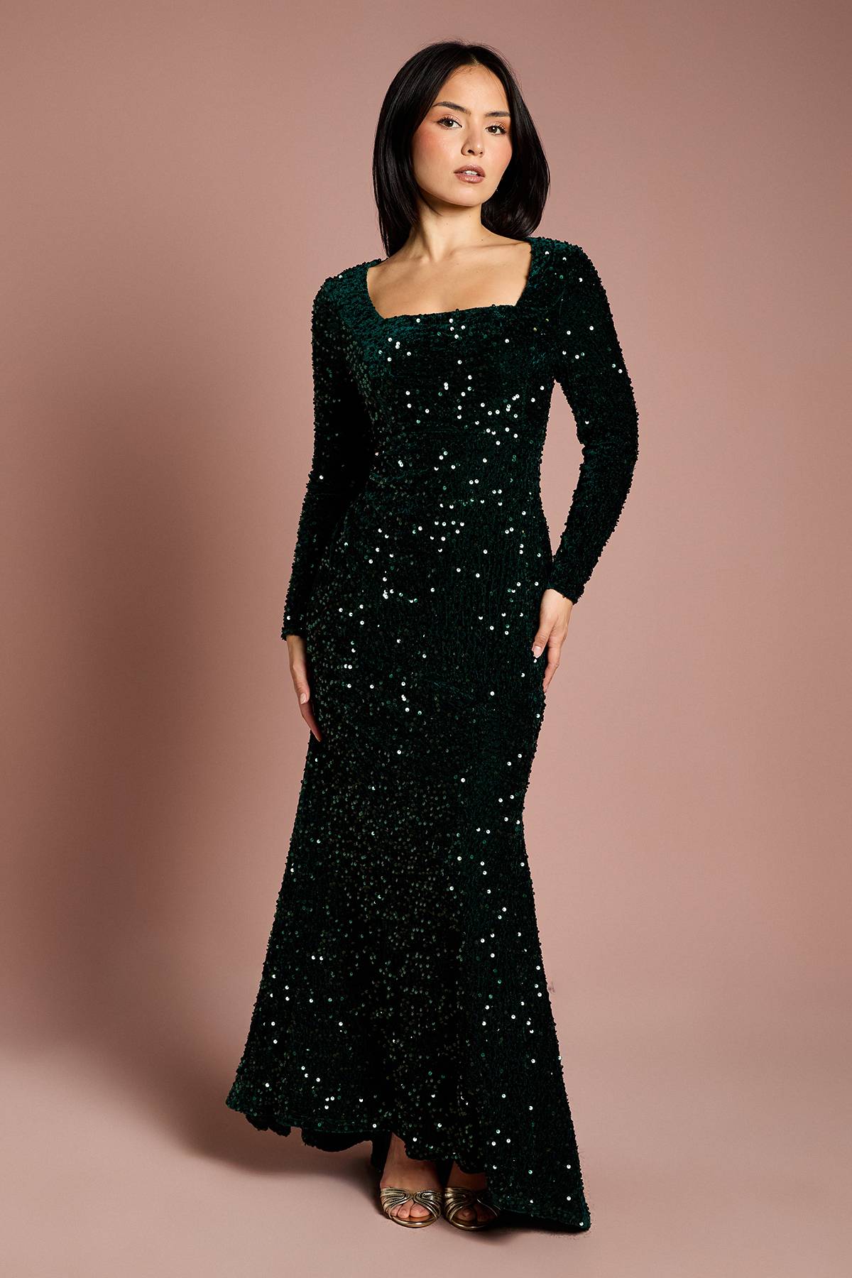 Coast Robe Maxi Petite en Velours à Sequins, Manches Longues et Col Carré