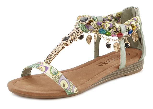 LASCANA Sandale »Sommerschuh, Sandalette, offener Schuh,«  mit Schmuckkettchen und Schmucksteinen im Festival-Look VEGAN