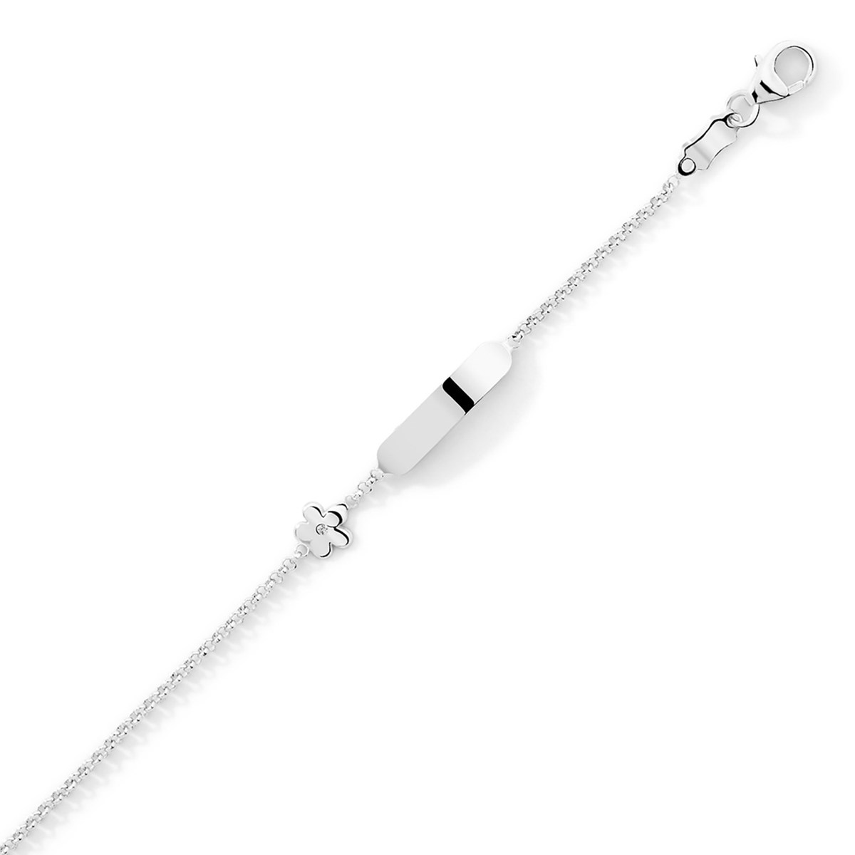 Bracelet identité bébé or blanc18 carats fleur oxyde