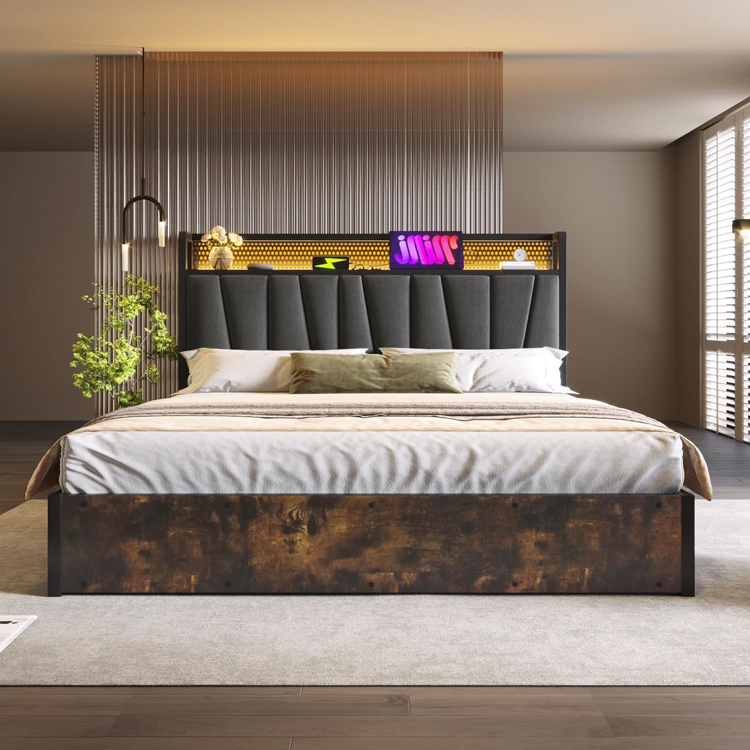Bett 180x200 cm, Polsterbett mit LED-Beleuchtung, Doppelbett mit Aufladen-USB-Ladefunktion Kopfteil, Metallbett, Lattenrost aus Holz, Grau, Ohne Matratze