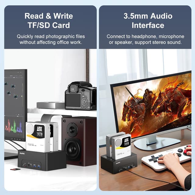 Maiwo HDD Dual dockingstation med klon 10Gbps HDMI 4K60Hz Giga Lan kortlæser SD og MicroSD USB HUB 2xUSB-A og 2xUSB-C