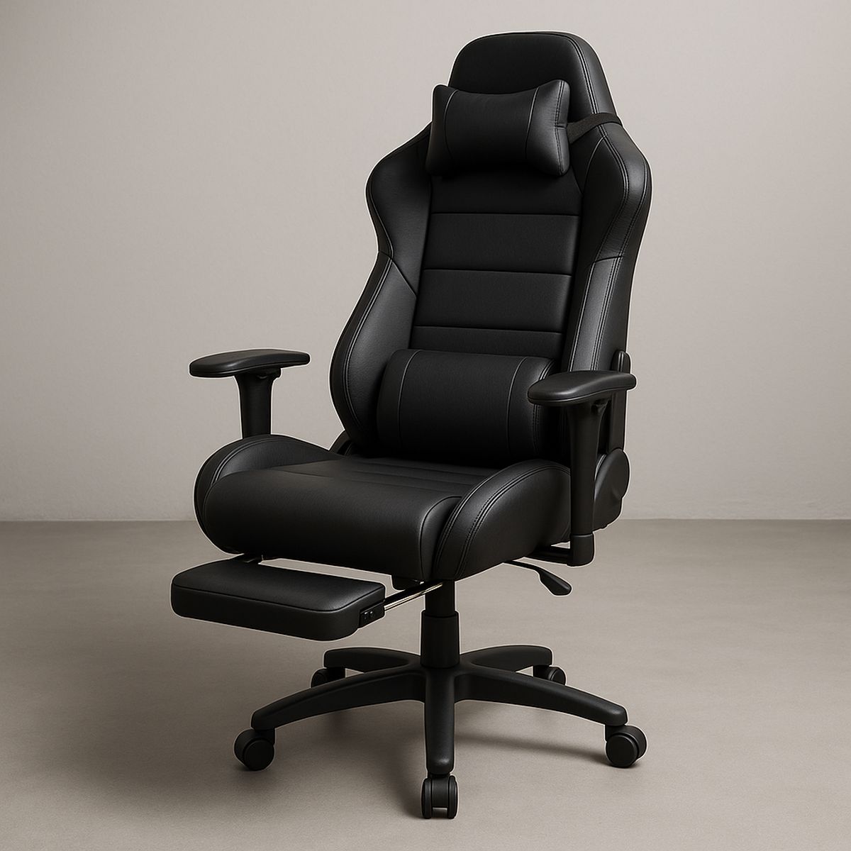 Gaming Stuhl schwarz, PU-Leder, verstellbare Rückenlehne, Kopf- und Le