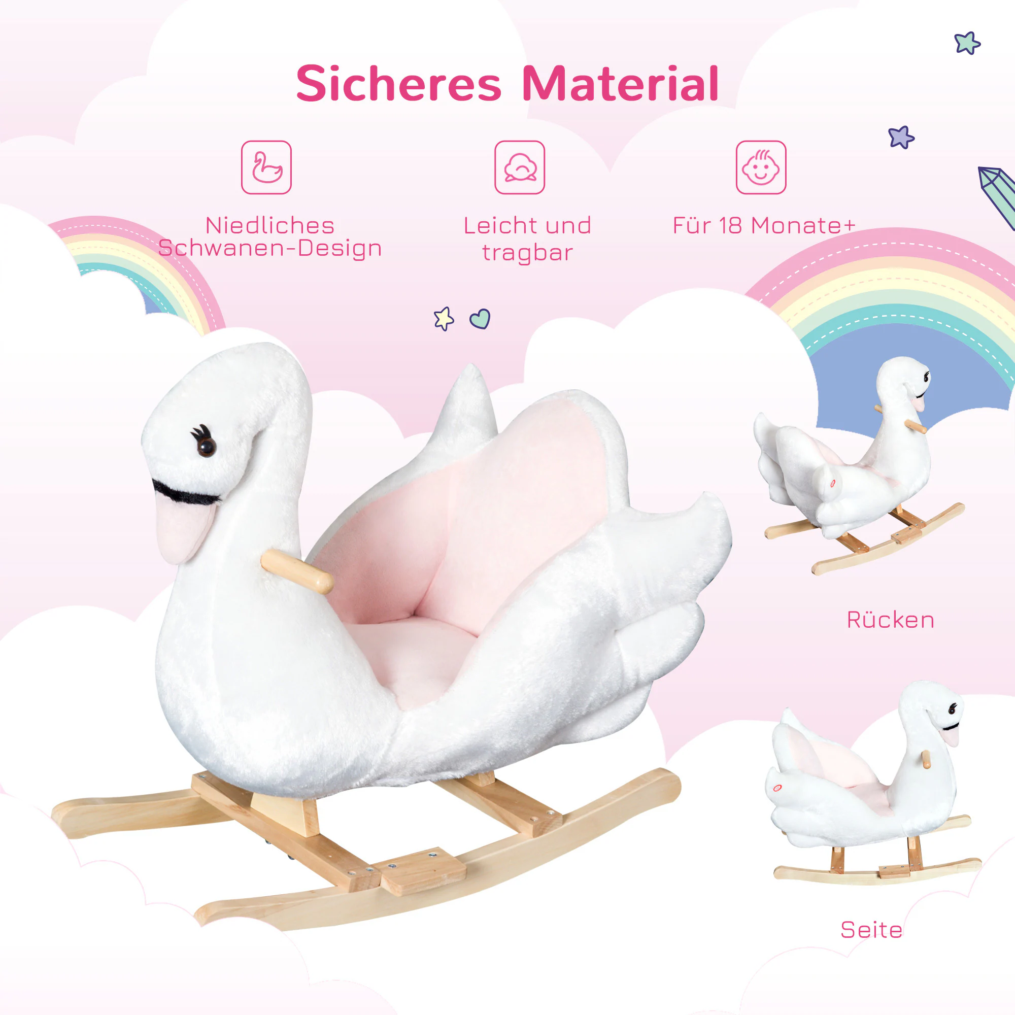 HOMCOM Kinder Schaukelwippe als Schwan rosa, weiß 60 x 32 x 55 cm (LxBxH)