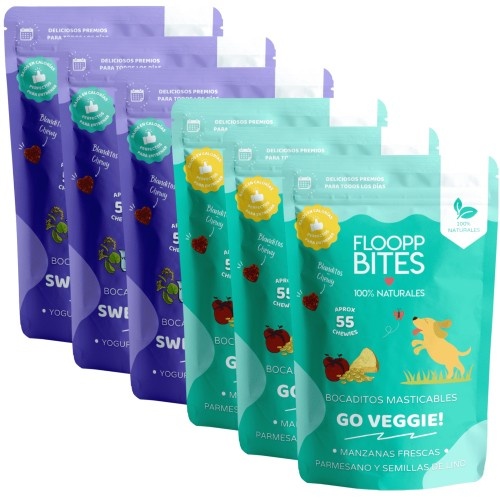 FlooppBITES petiscos macios e naturais, sabores vegetariano e sonhos doces para cães.