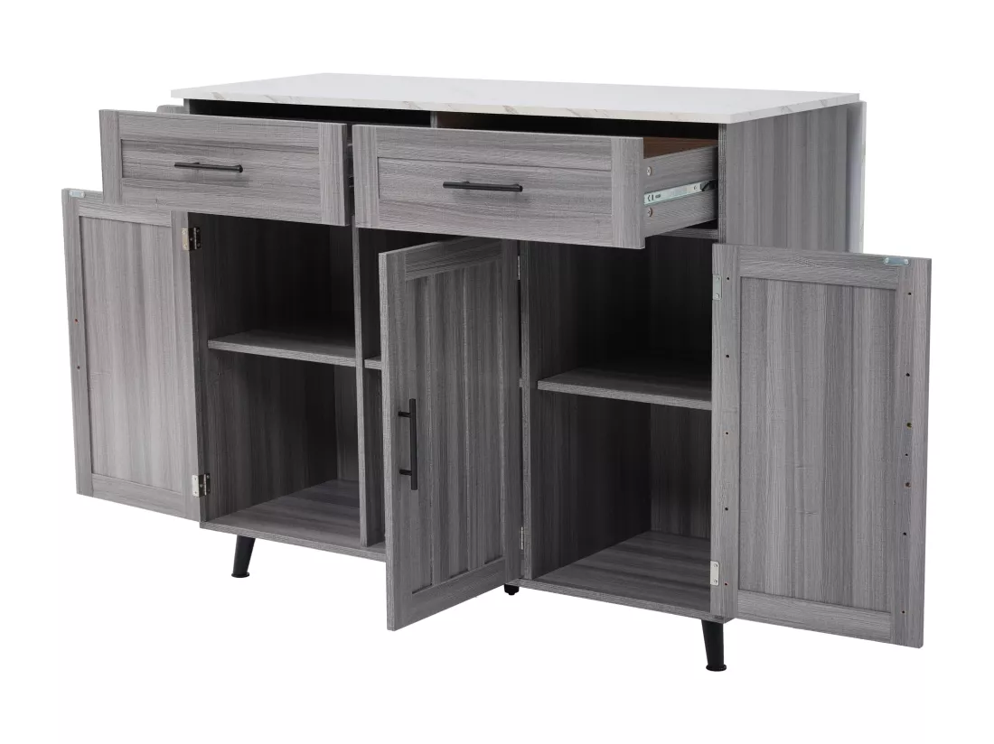 Ilot central de cuisine mobile avec 3 portes et 2 tiroirs - plateau extensible - 129x46/71x91,5 cm - Bois MDF + métal - Gris