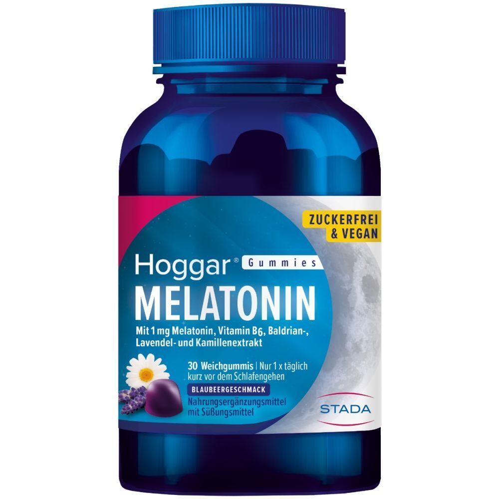Hoggar® Melatonin Gummies: Angenehm schneller einschlafen. Weichgummis mit Blaubeergeschmack.1 mg Melatonin, Vitamin B6, Baldrian-, Lavendel- und Kamillenextrakt.