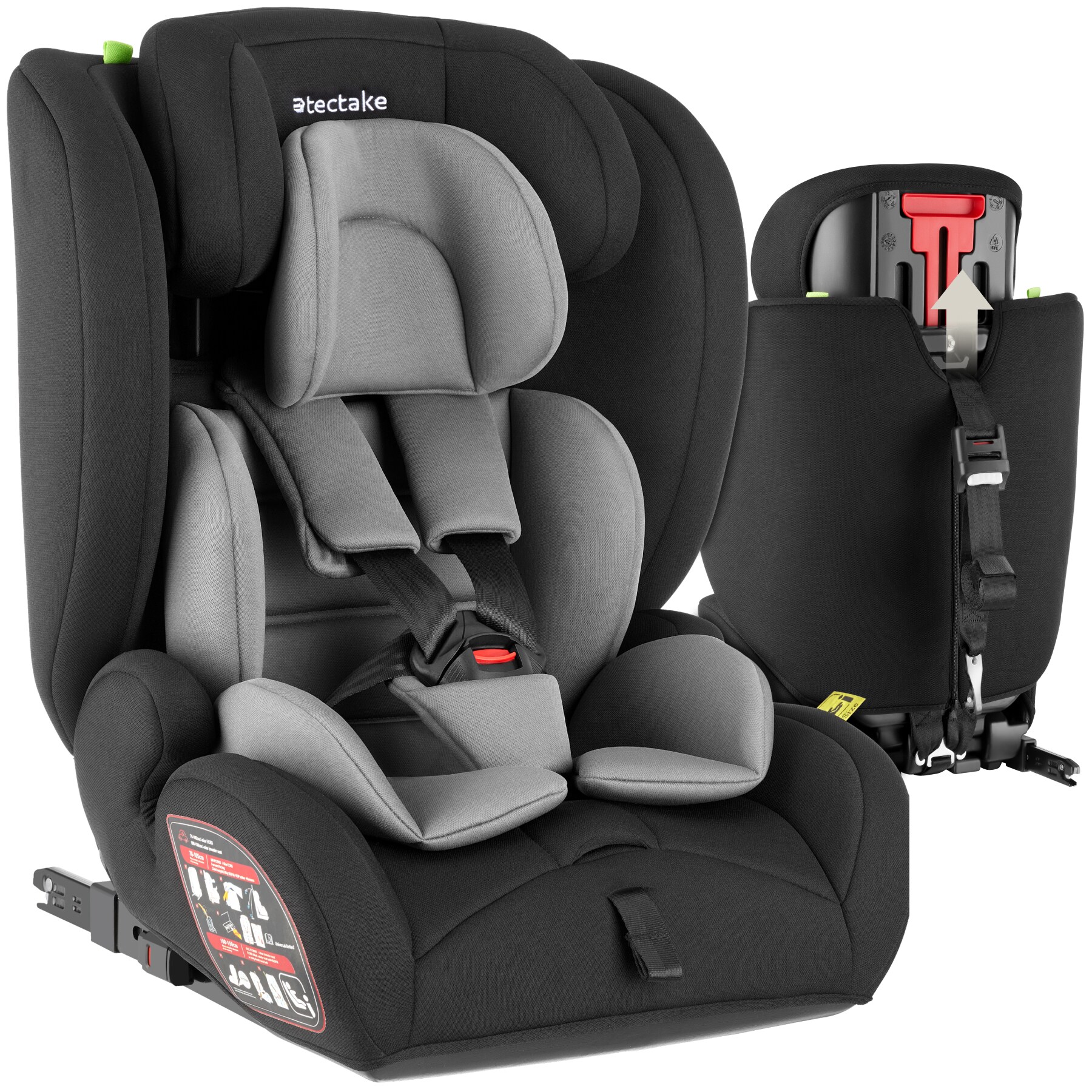 tectake® Autositz, i-Size Zulassung, ISOFIX-Installation und Top Tether, mit Seitenaufprallschutz, längenverstellbarer 5-Punkt-Gurt, 8-fach höhenverstellbare Kopfstütze, ab 15 Monaten von 76 bis 150 cm, Belastbarkeit 36 kg