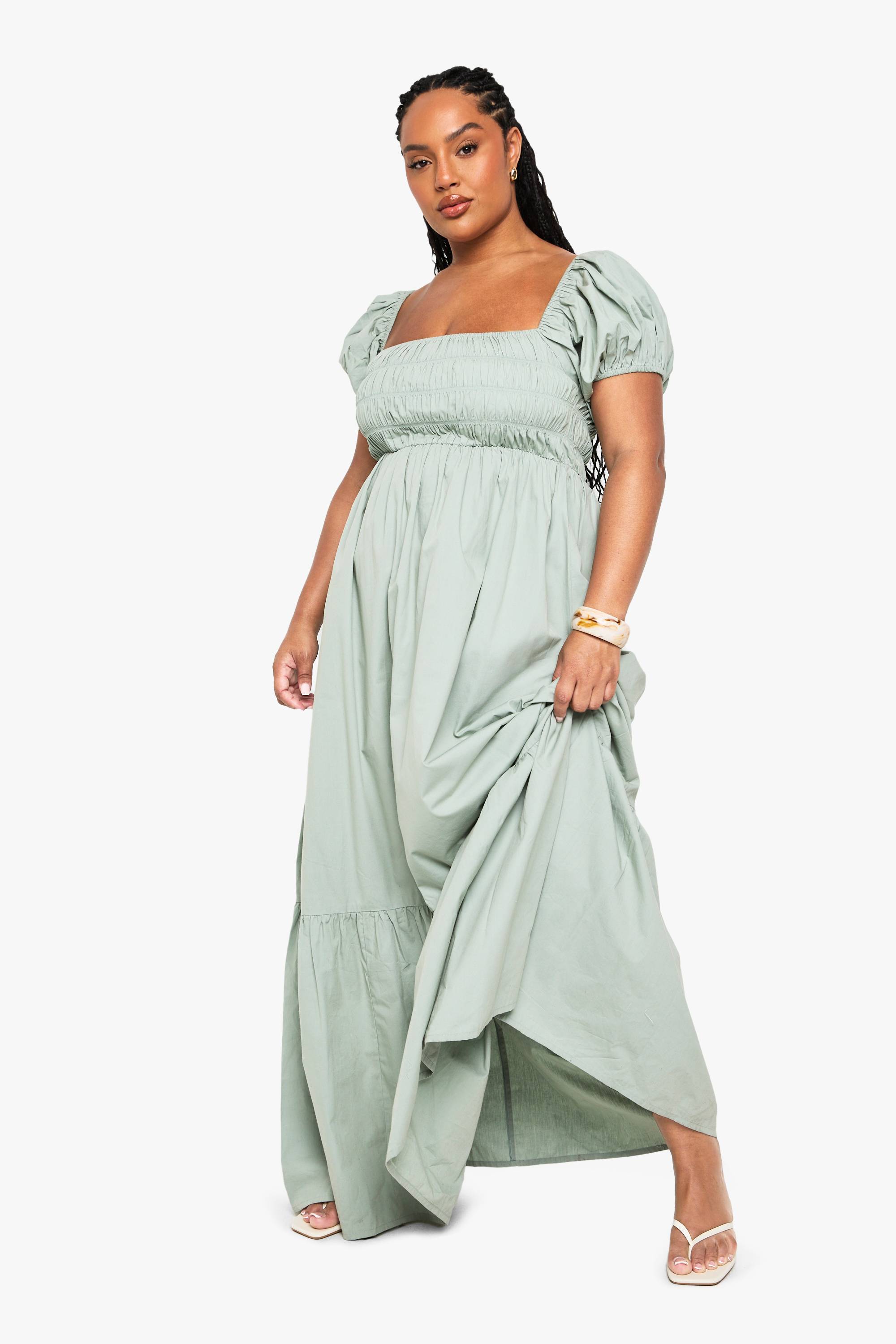 boohoo Robe Maxi Grande Taille En Popeline De Coton À Manches Bouffantes