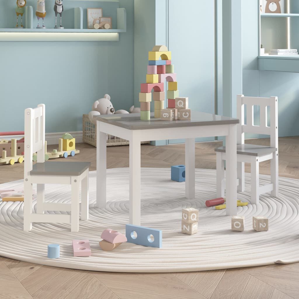 vidaXL 3-delige kindertafel- en stoelenset, wit en grijs, MDF