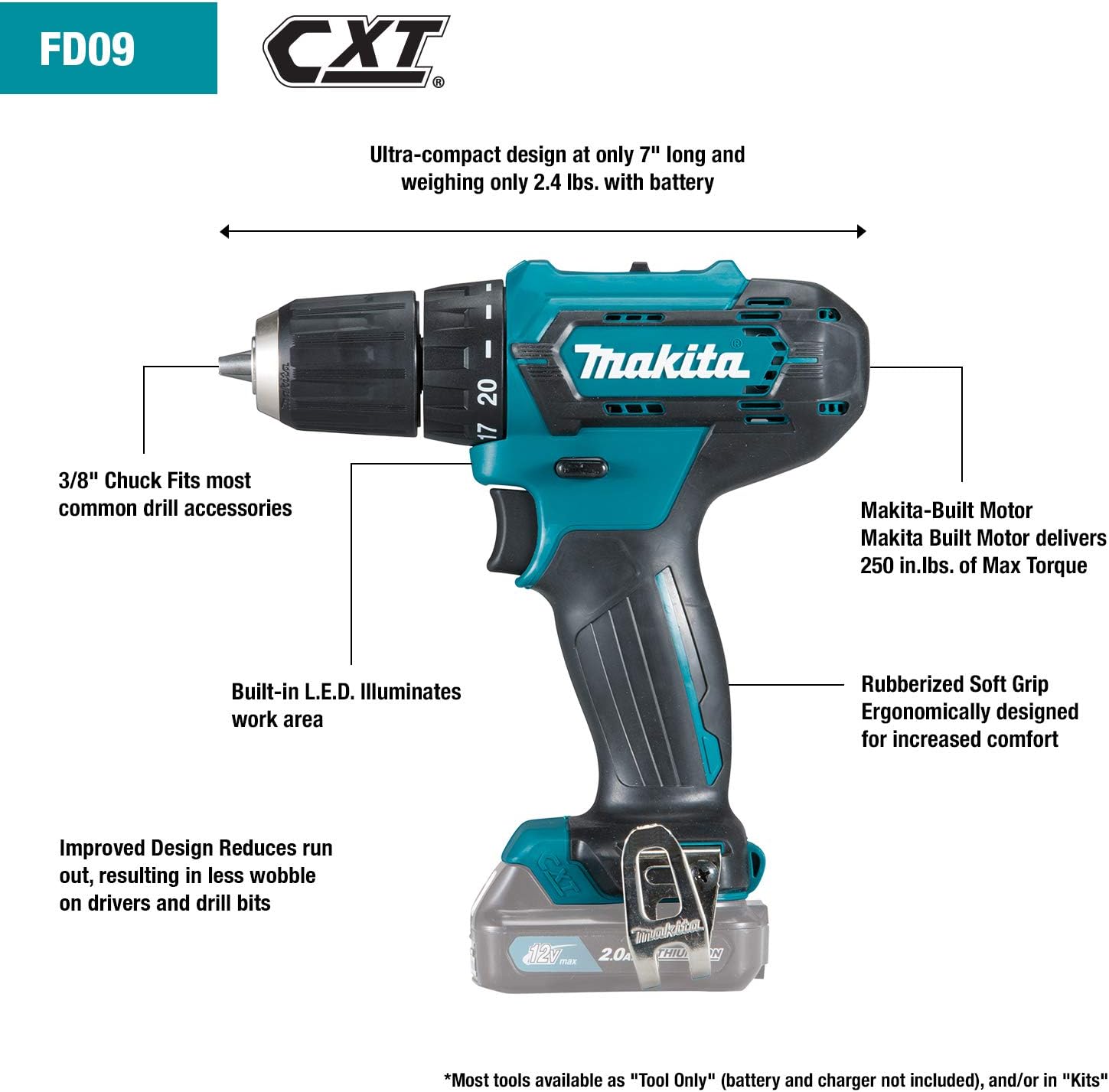 Makita FD09R1 12V max CXT&reg; Lithium-Ion Cordless 3/8" Driver-Drill Kit (2.0Ah)