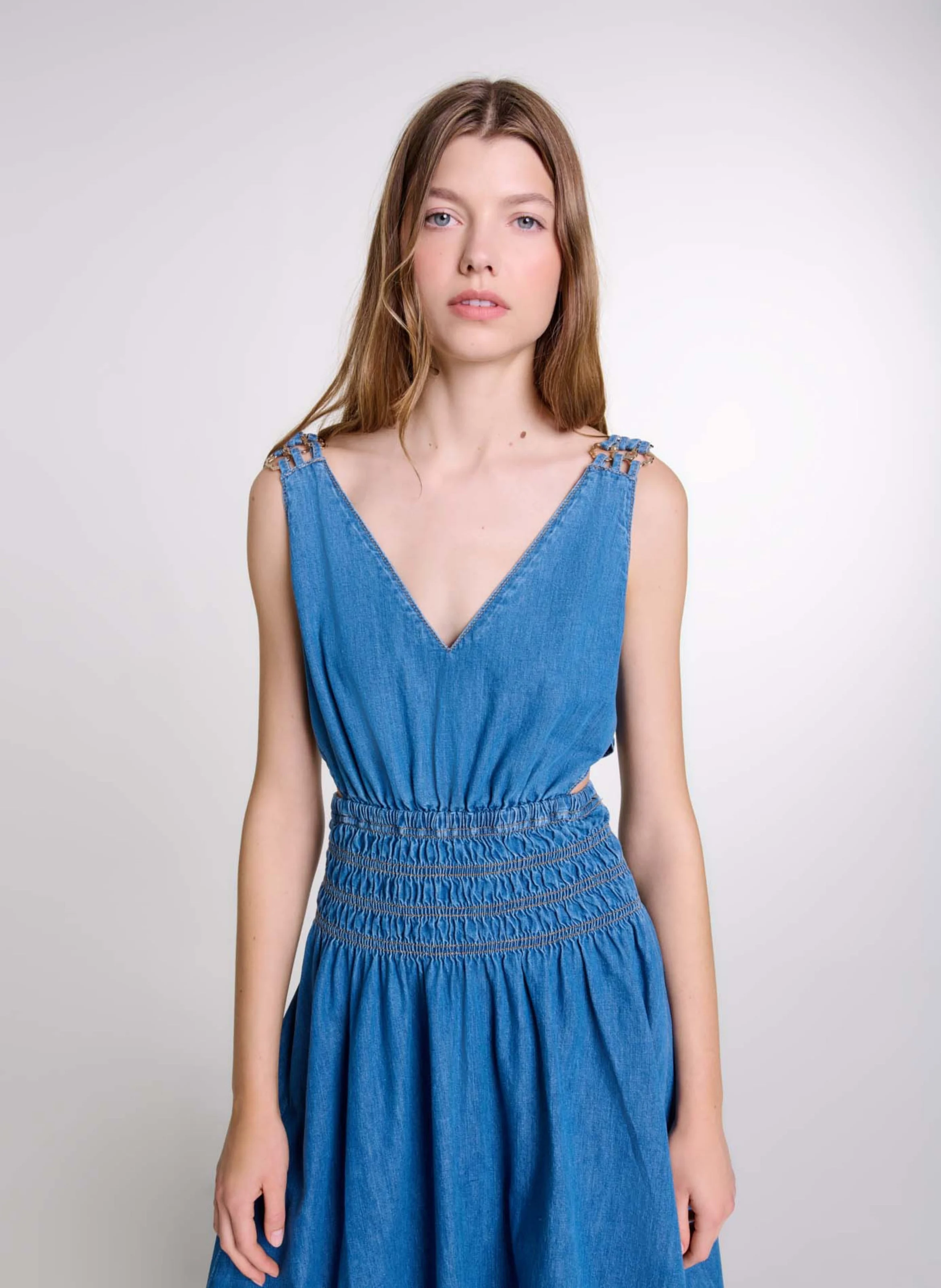 Robe longue ajourée en denim | Bleu