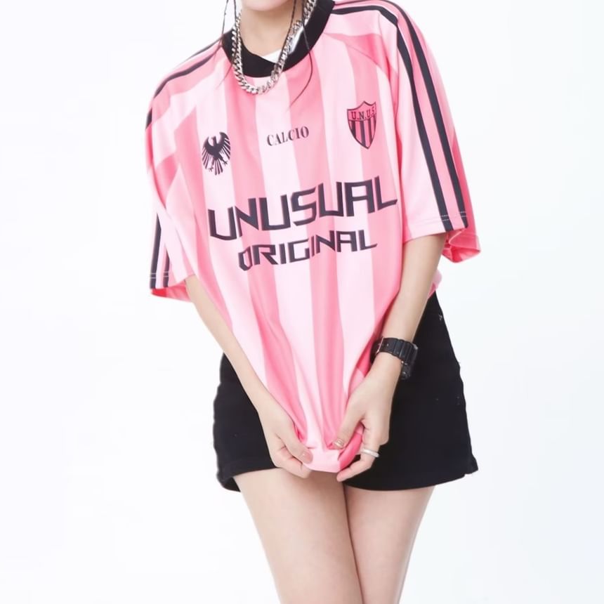 Bolgivy - Oversized jersey T-shirt met korte mouwen, gestreepte ronde hals