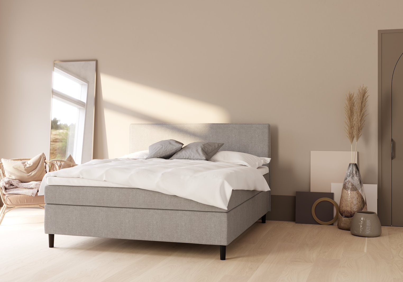 Sensitive 200 Kontinental 160x200 cm Tekstil Mica 15 Medium/Fast m/Premium hyperflex overmadrass og Round black ben 13cm, gavl selges separate.