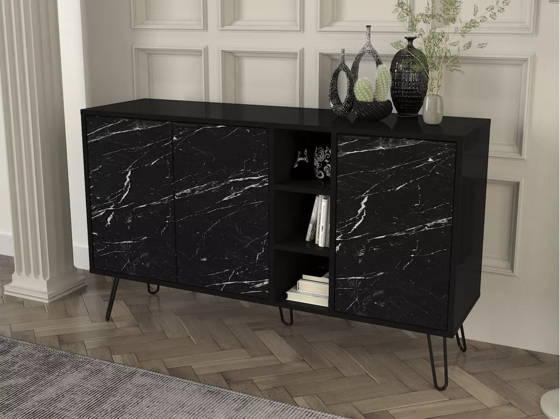 Buffet avec 3 portes et 3 niches - Effet marbre noir - POMONA