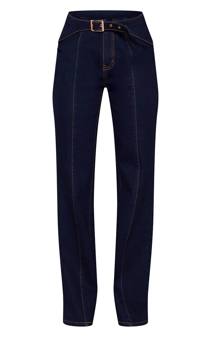 Bleu Indigo Jean Droit À Taille Ceinturée