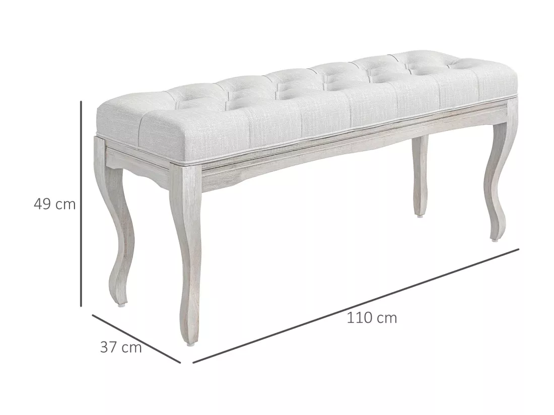 Banc banquette capitonnée style classique 110 cm bout de lit rembourré en lin piètement Bois hévéa sculpté blanc crème