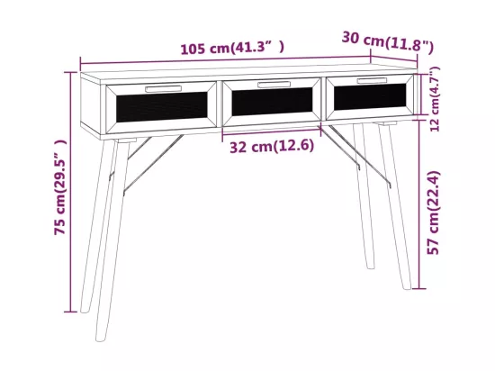 Table console Blanc 105x30x75 cm Bois massif pin /rotin naturel