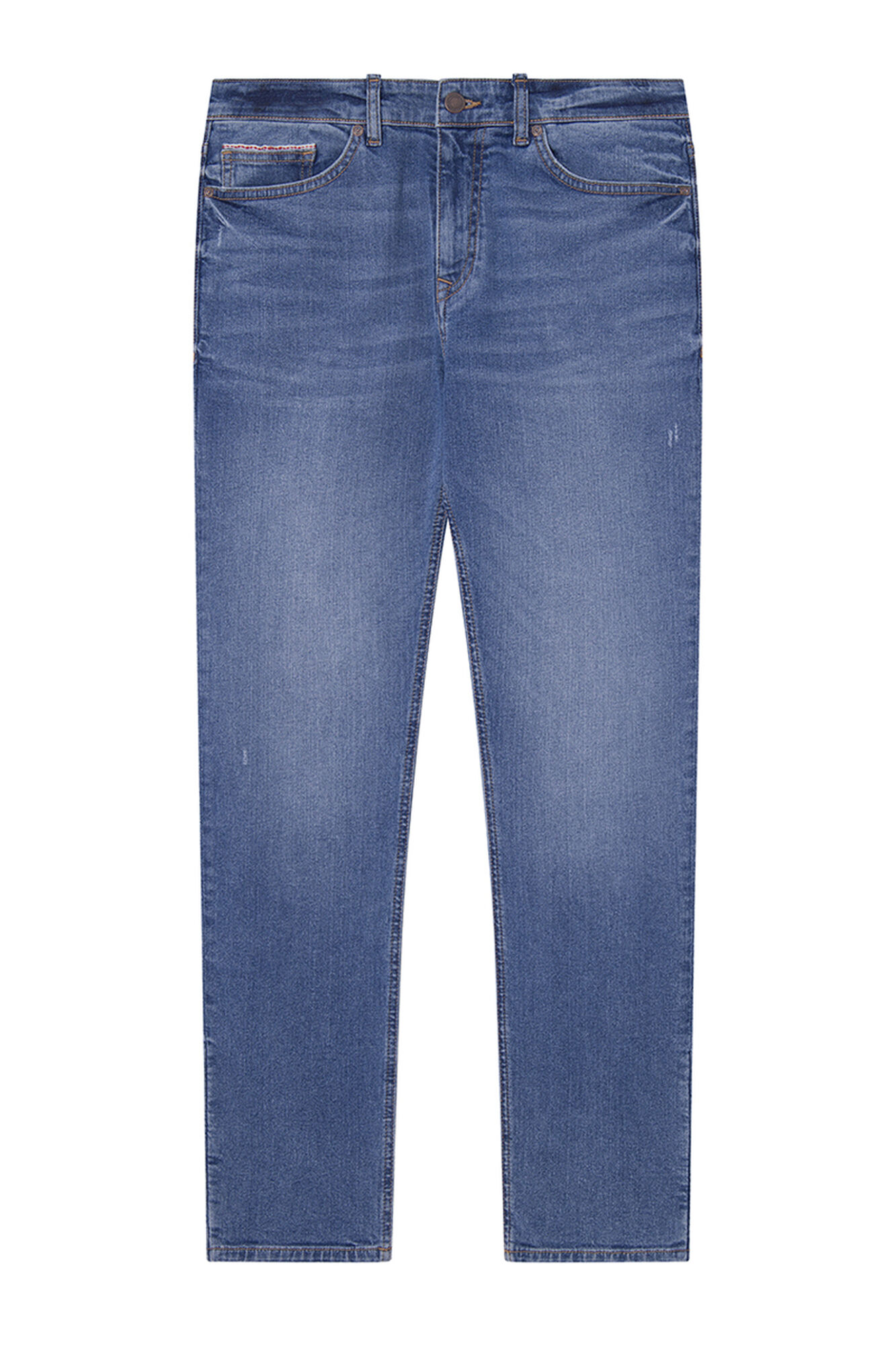 Calça jeans slim, lavagem média clara