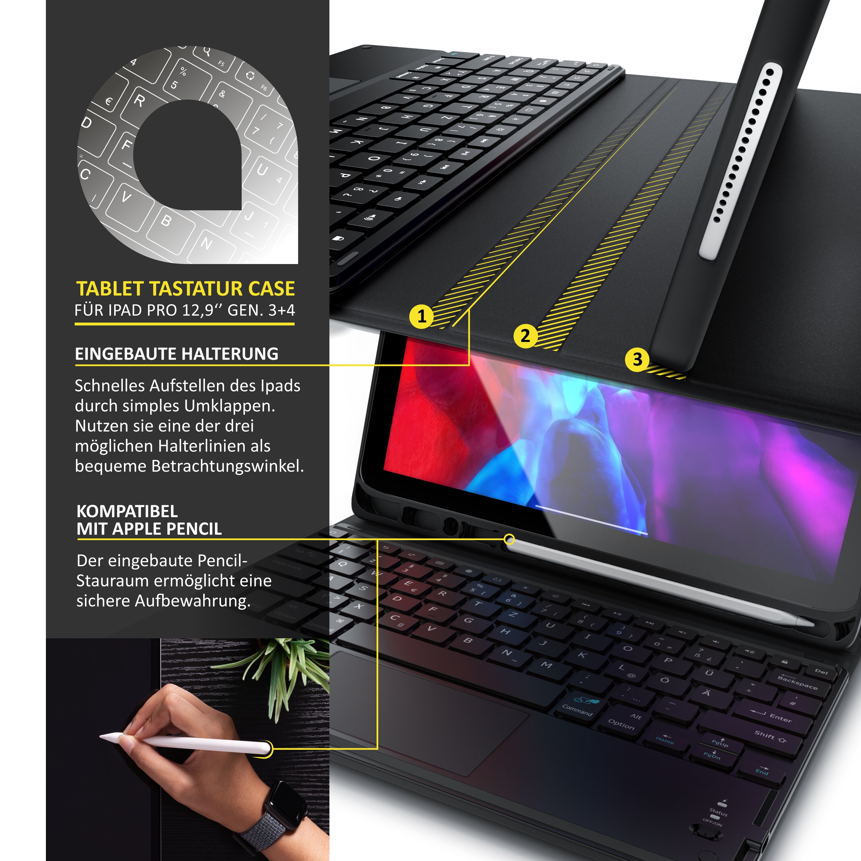 Aplic Bluetooth Tastatur kompatibel mit Tablet iPad Pro 12,9 Zoll - Gen 3 + 4 - 280 mAh Akku - inkl. Case - Tablet Keyboard kompatibel mit Apple