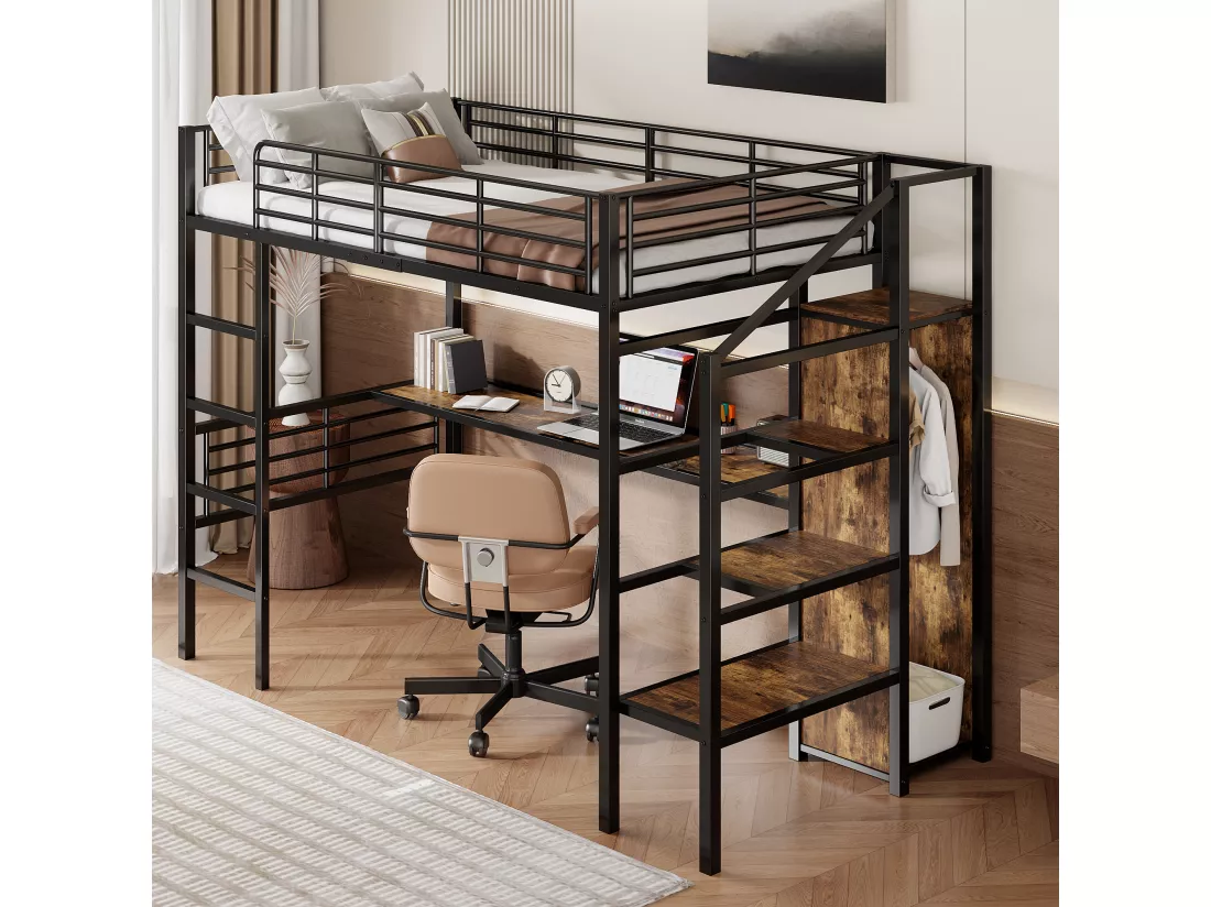 Lit mezzanine 90 x 200 cm avec bureau, armoire et marches de rangement - Métal + MDF - Noir (sans matelas)