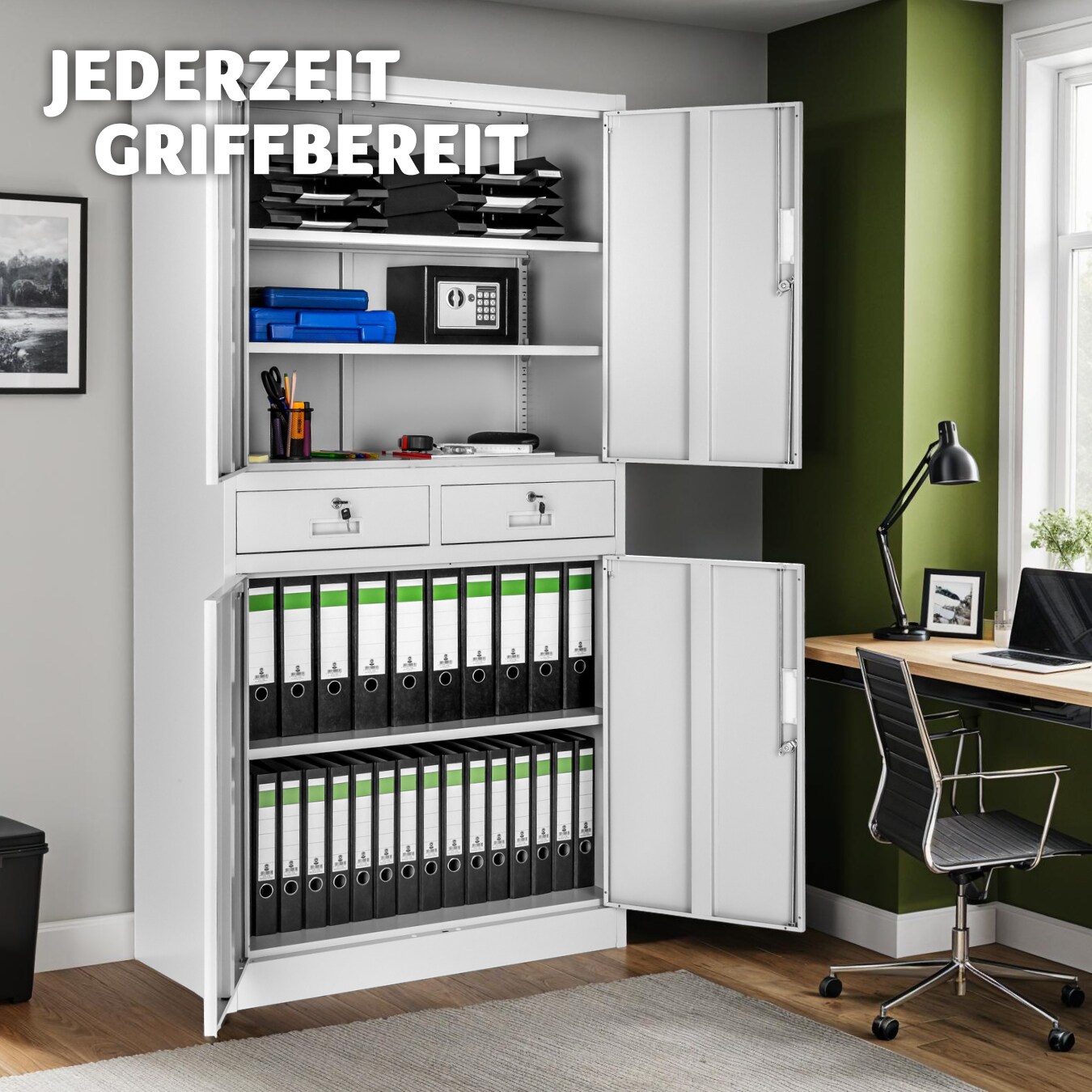 tectake® Aktenschrank, aus pulverbeschichtetem Stahl, 3 höhenverstellbare Einlegeböden, 180 x 80 x 40 cm