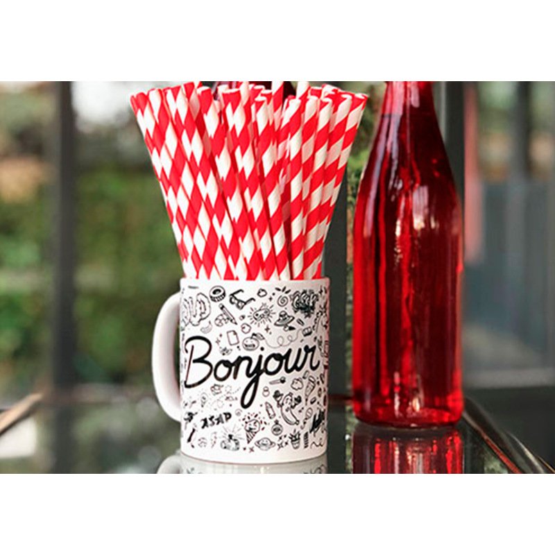 Paille en papier biodegradable coldis diametre 6mm longueur 20cm coloris     rouge/blanc boite 250 unites