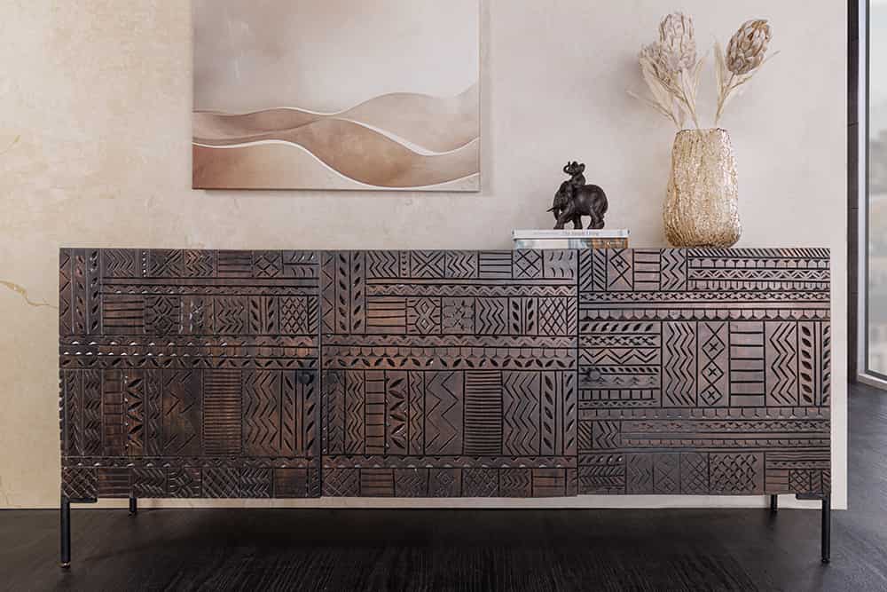 Massives Sideboard TRIBAL 180cm antik braun Mangoholz 3D-Front viel Stauraum