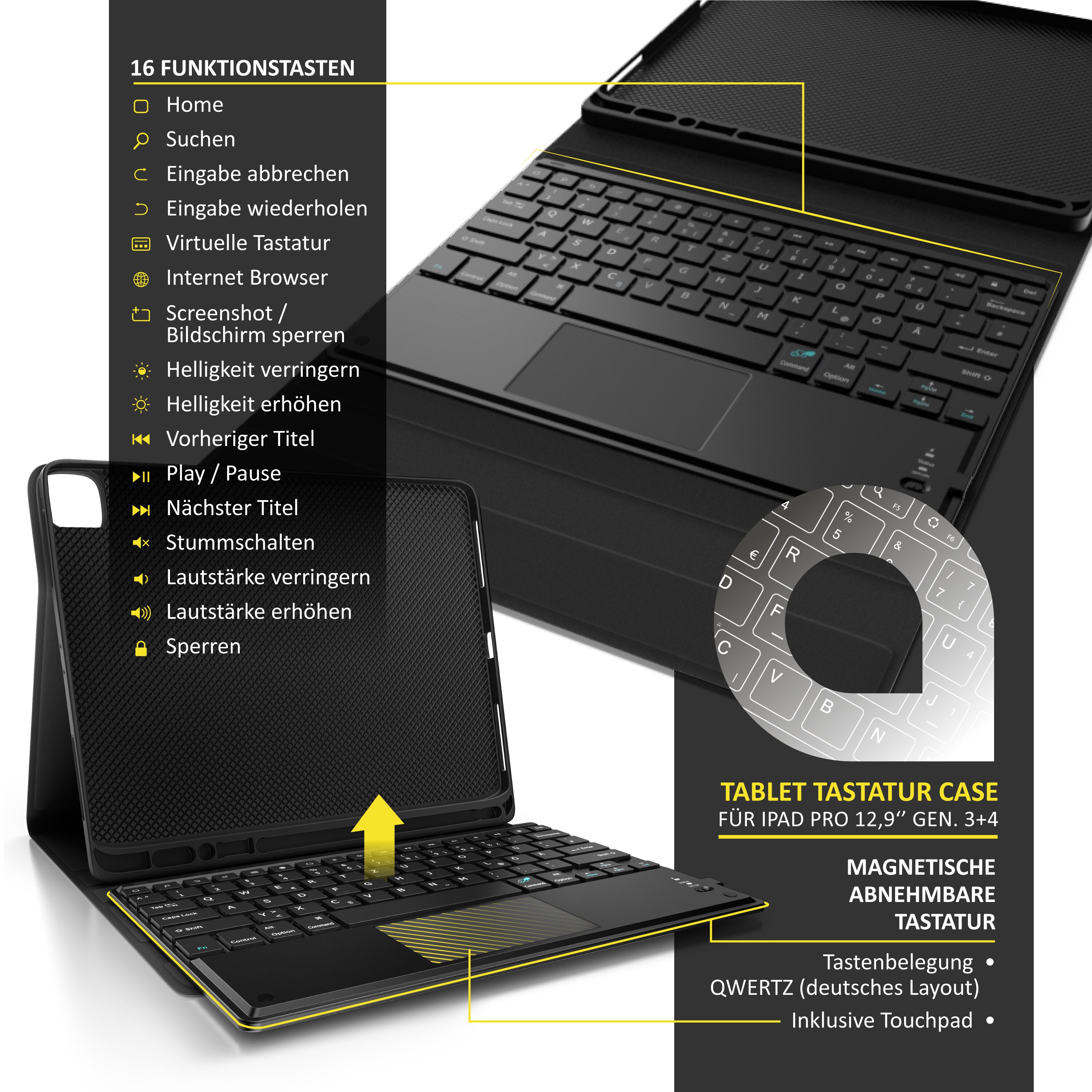 Aplic Bluetooth Tastatur kompatibel mit Tablet iPad Pro 12,9 Zoll - Gen 3 + 4 - 280 mAh Akku - inkl. Case - Tablet Keyboard kompatibel mit Apple