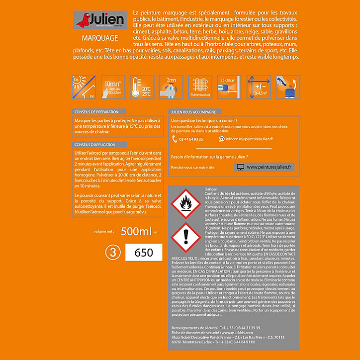 Peinture aérosol de marquage multi supports Julien mat noir 500ml