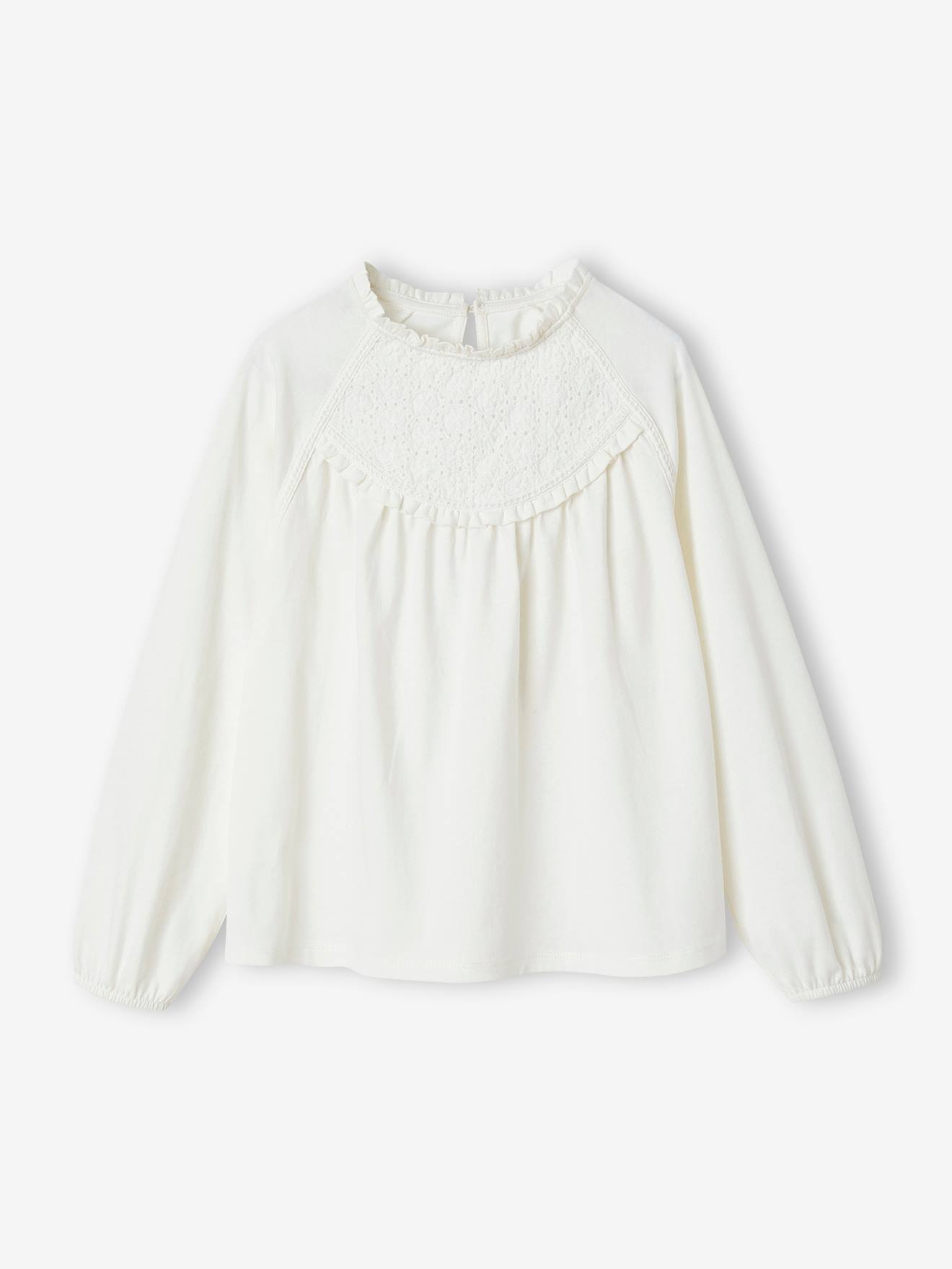 Blusa camiseta com detalhes em bordado inglês, cor cru, infantil.