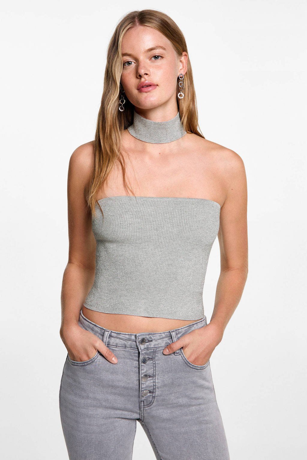 MANGO TEEN strapless top met losse choker zilver