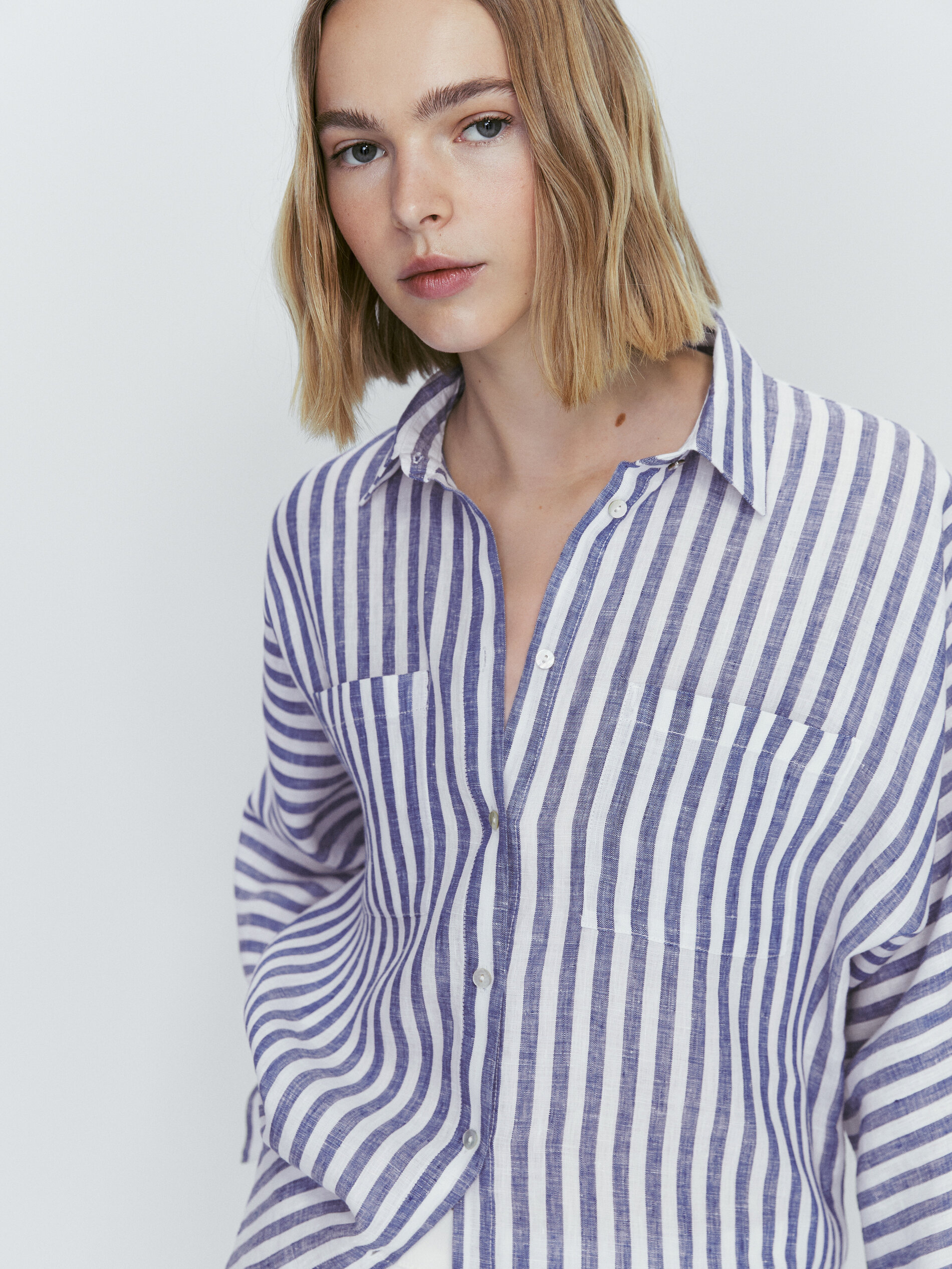 Camisa rayas bolsillos 100% linho - AZUL