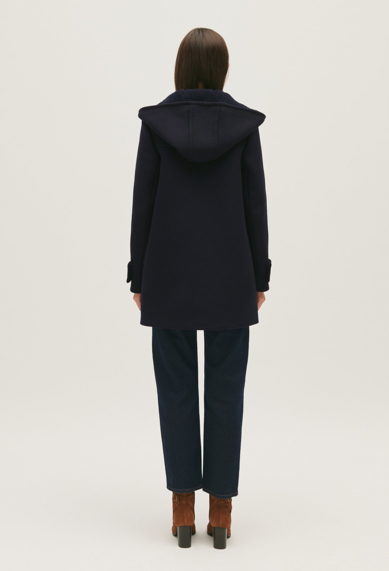 Manteau marine capuche laine melangee