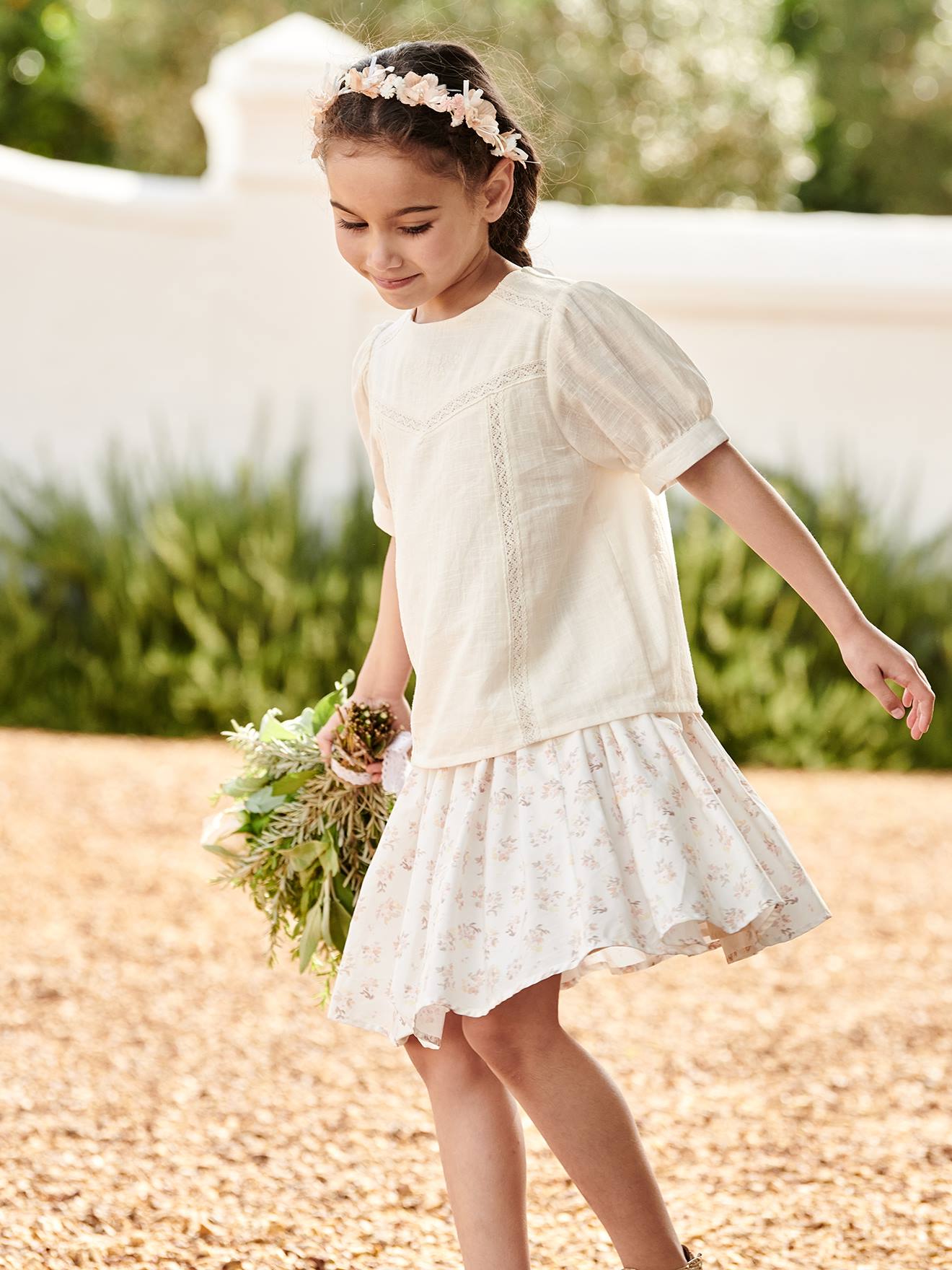 Blusa de renda com efeito linho cru para meninas