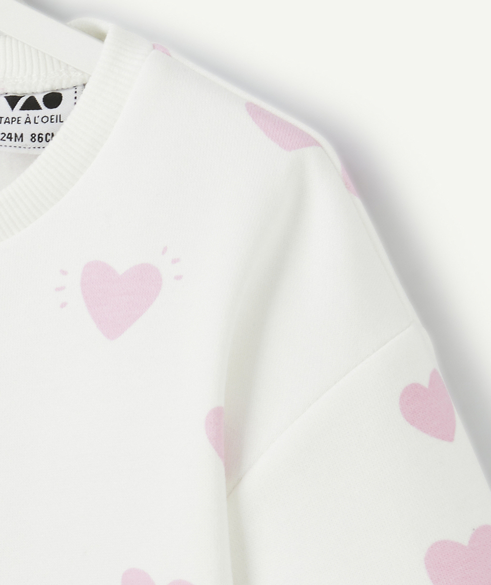 sweat manches longues bébé fille en fibres recyclées blanc imprimé coeurs