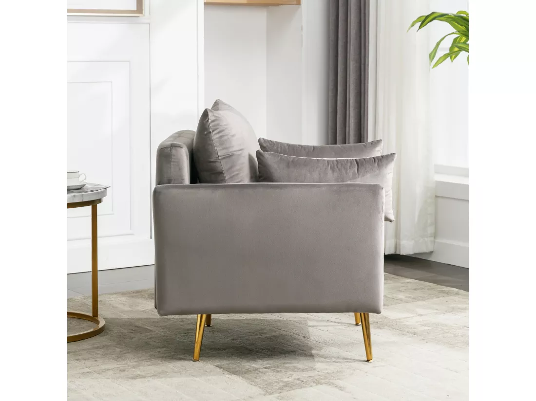 Fauteuil, pouf avec rangement - 71 x 71 x 76 cm - Tissu en velours - Pieds en métal doré - Gris