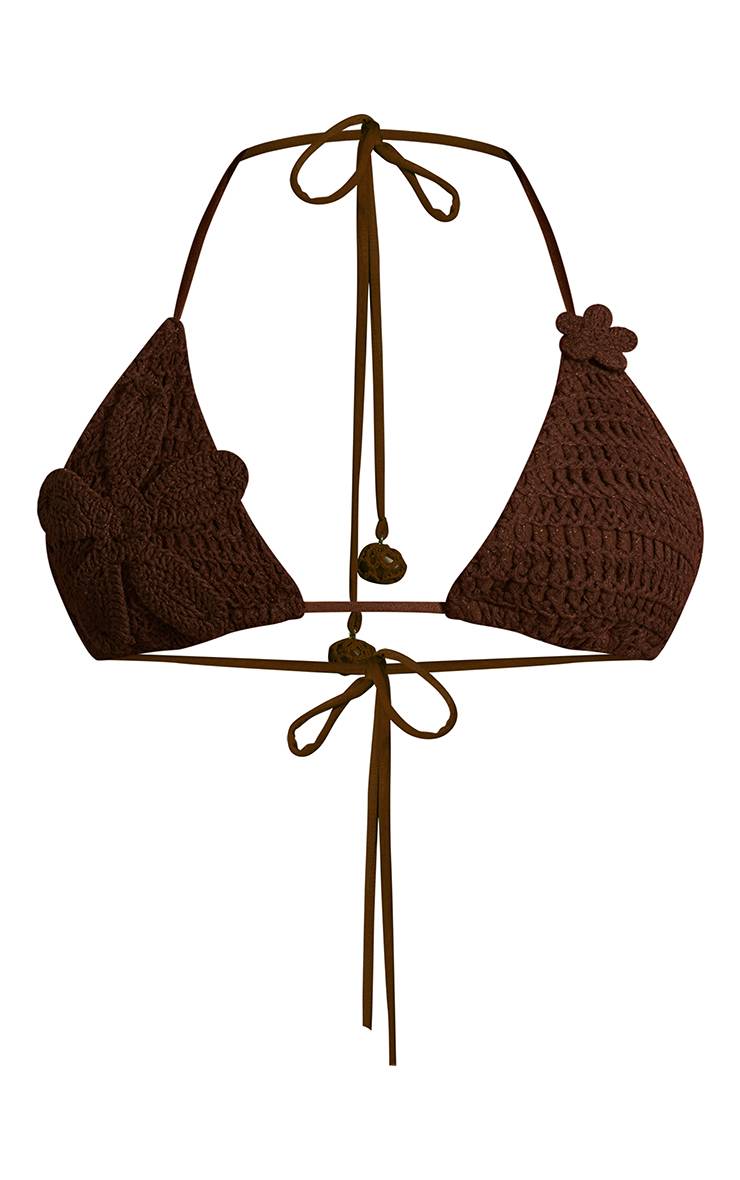 Chocolat Haut De Bikini Triangle En Crochet Avec Appliqué Floral