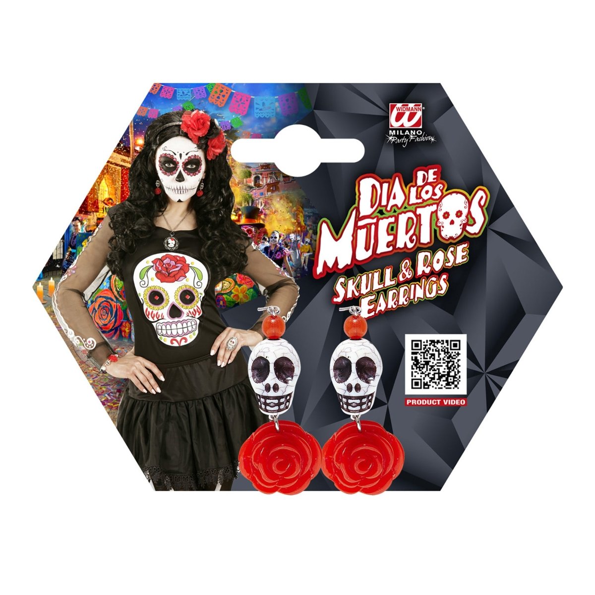 Halloween Oorbellen Rood Wit Schedels Met Roos