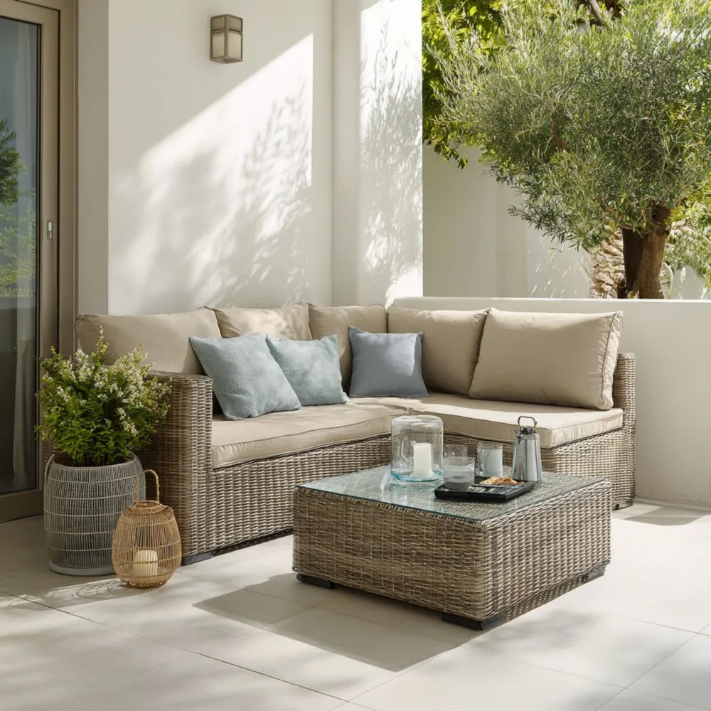 Garten-Sofaset Rattan 200x75x75 cm mit Couchtisch 60x60x35 cm – Beige