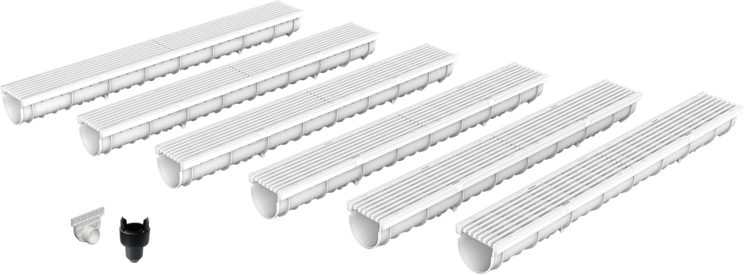 MEA Entwässerungsrinne DECOLINE aus GFK, 6er Pack (6x1m) mit Längsstabrost aus Kunststoff in steingrau mit Zubehör - Entwässerungssystem für Terrassen, Schwimmbäder, Garageneinfahrten, Fußgängerzonen