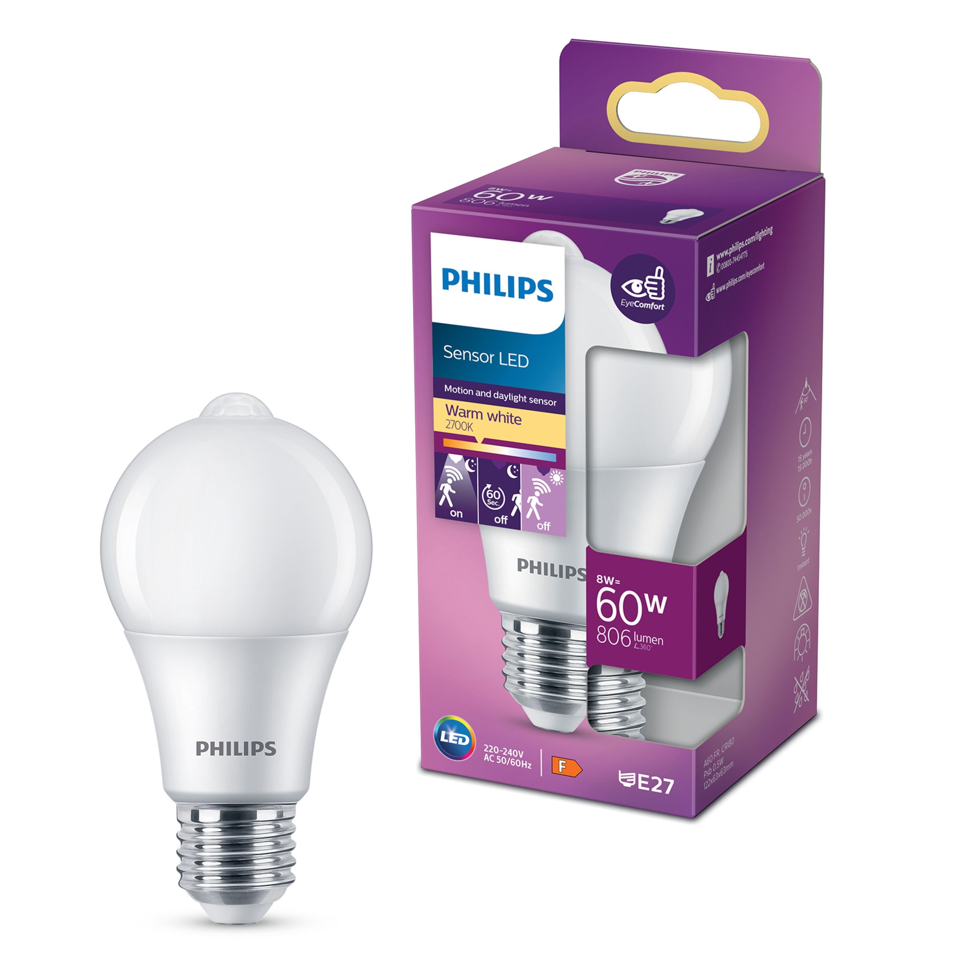Philips LED-pære med bevegelsessensor E27 806 lm