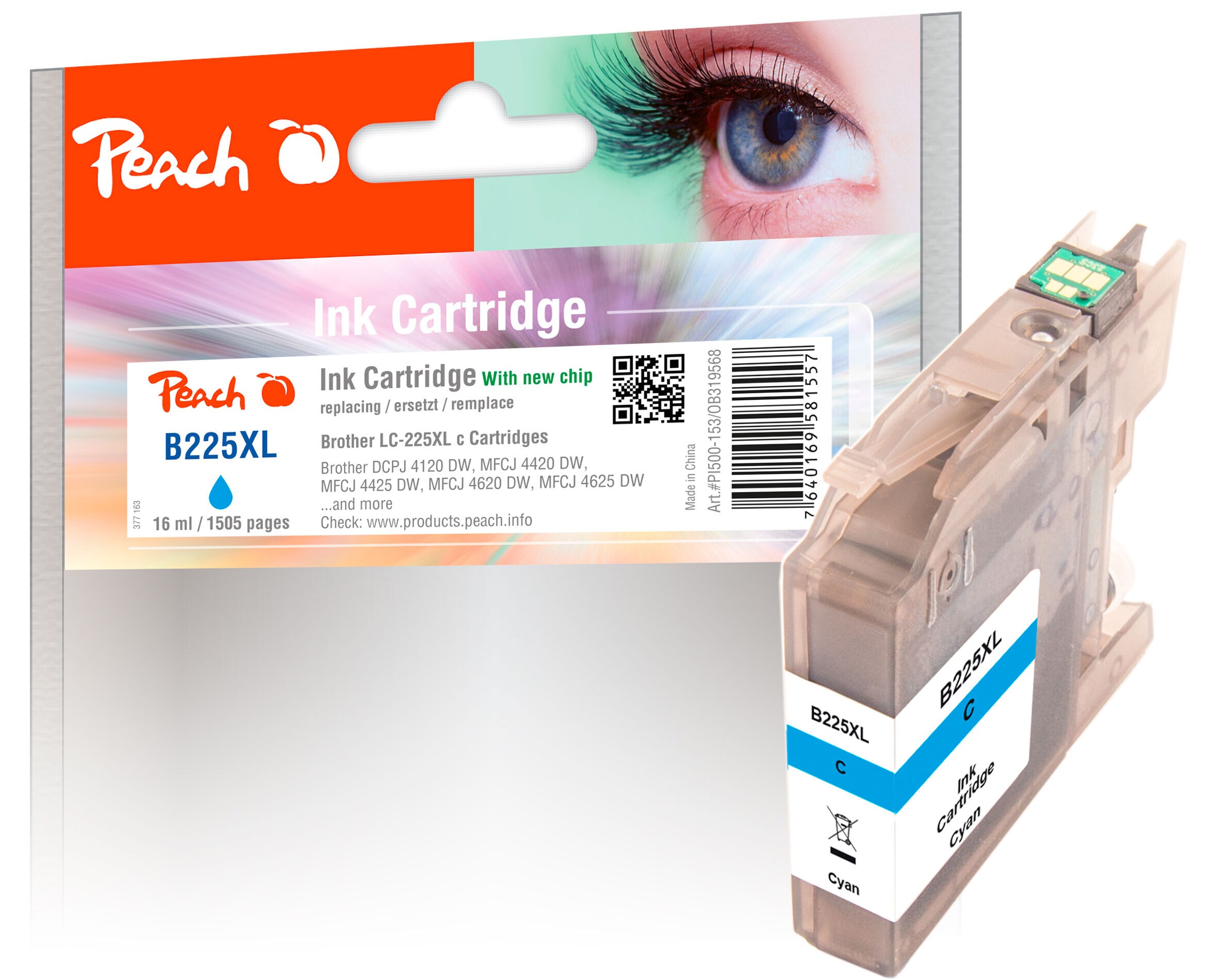 Peach B225 XLC Druckerpatrone XL cy ersetzt Brother LC-225XLC für z.B. Brother DCPJ 4120 DW, Brother MFCJ 4420 DW, Brother MFCJ 5620 DW