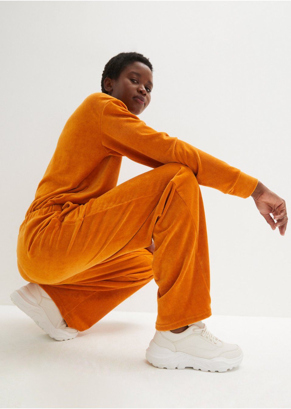 Pantalon taille haute en jersey velours côtelé