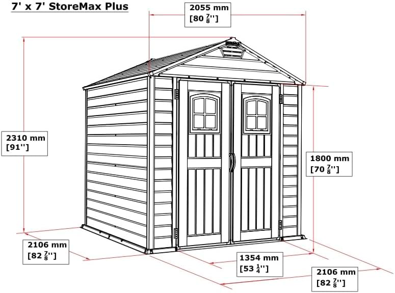 Duramax StoreMax PLUS 7 x 7 (4.44 m²) Kunststoff gerätehaus mit robustem Kunststoffboden und festen Fenstern in den Türen, robuste Metalldachkonstruktion, wartungsfreier Lagerschuppen, Grau/ Adobe