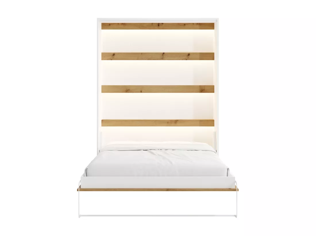 Lit escamotable 160 x 200 cm - Ouverture verticale manuelle - Avec LEDs - Blanc et naturel - RAPILI