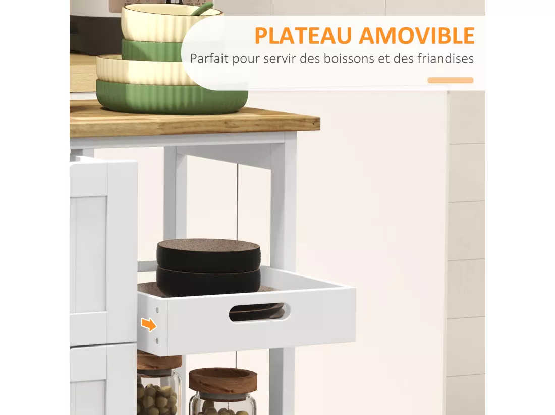 Desserte de cuisine multi-rangement - 3 tiroirs, 2 étagères, plateau amovible - MDF blanc bois hévéa