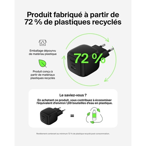 Chargeur pour téléphone mobile Belkin secteur USB-C 45W, avec câble d'un mètre USB-C vers USB-C inclus, noir.