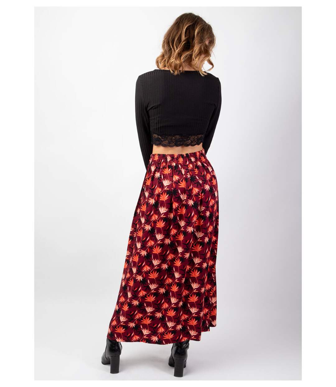 Jupe longue fendue hiver en viscose épais LIBERTY motif fleuri bordeaux Coton Du Monde